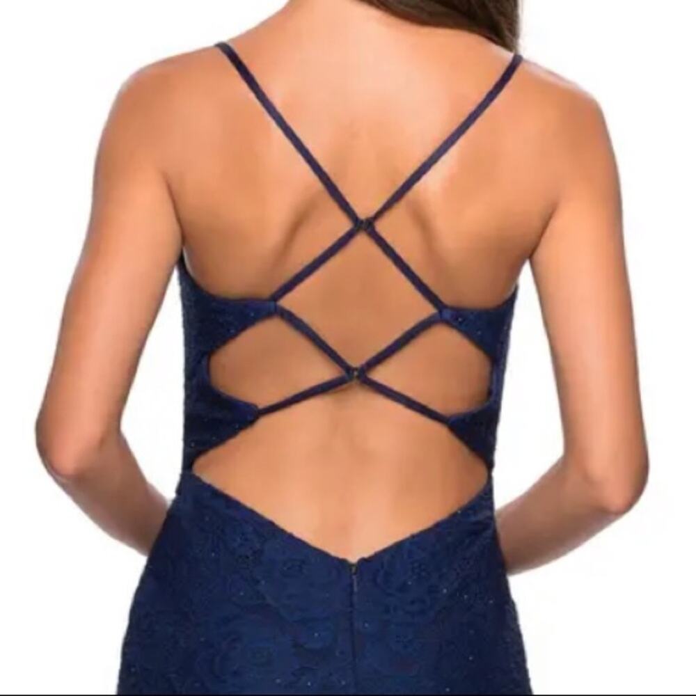 NEW La Femme Navy Blue Lace Mermaid Formal Dress Gown - Picture 5 of 8